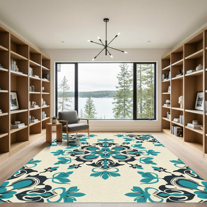 Teal Cream Symmetry Floral Medallion Rug