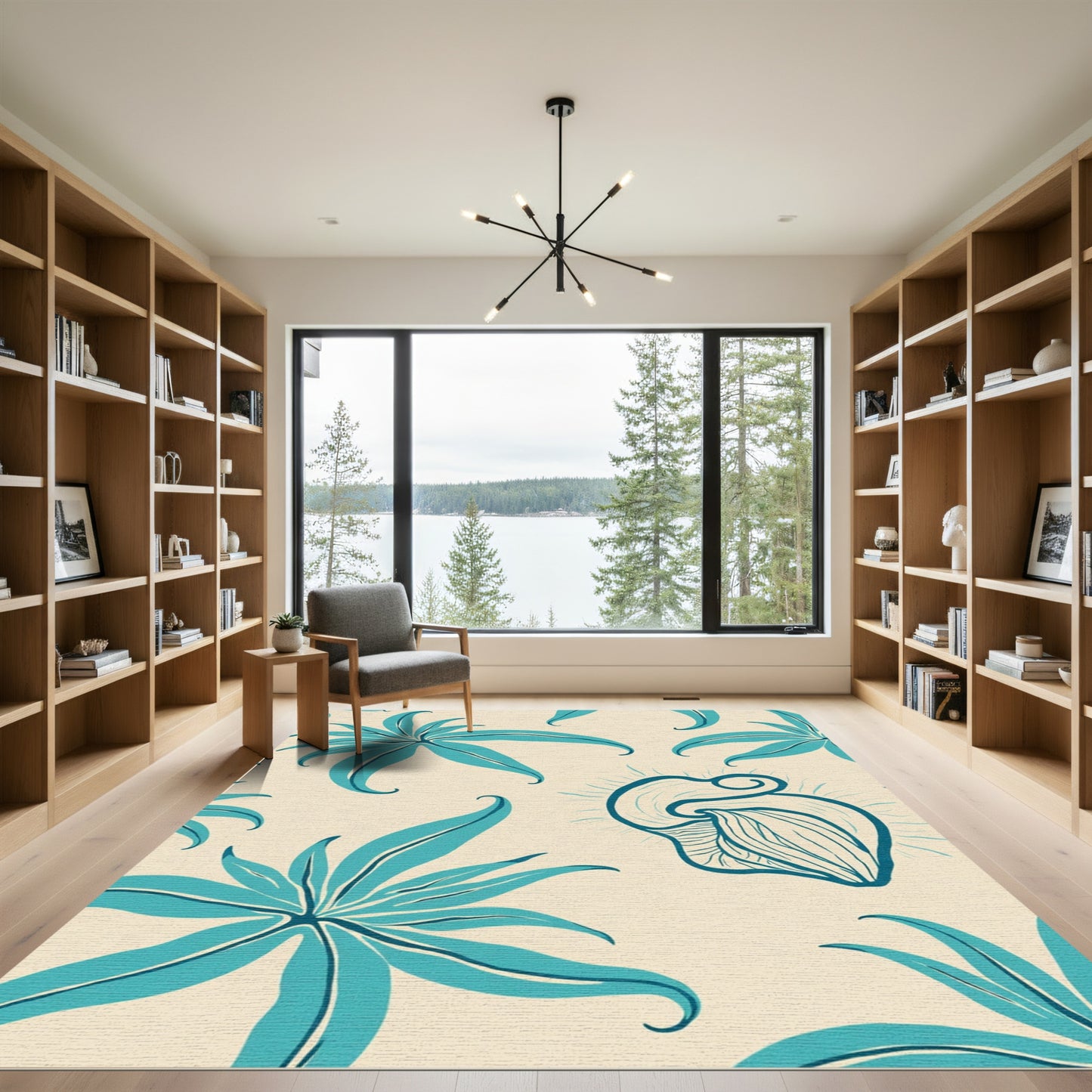 Teal Tropical Leaf Swirl Rug