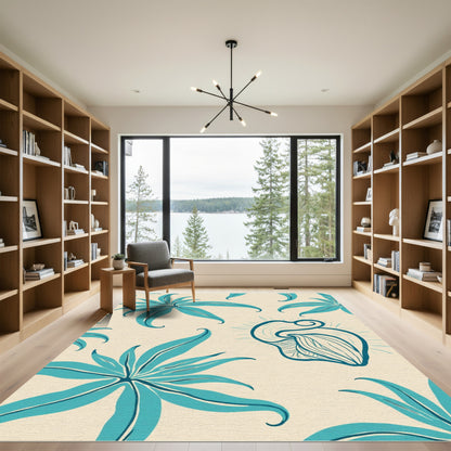 Teal Tropical Leaf Swirl Rug