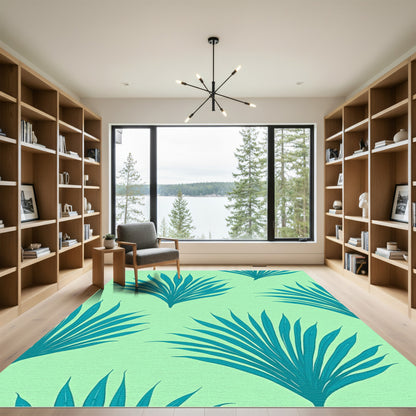 Teal Fan Palm Leaves On Mint Rug