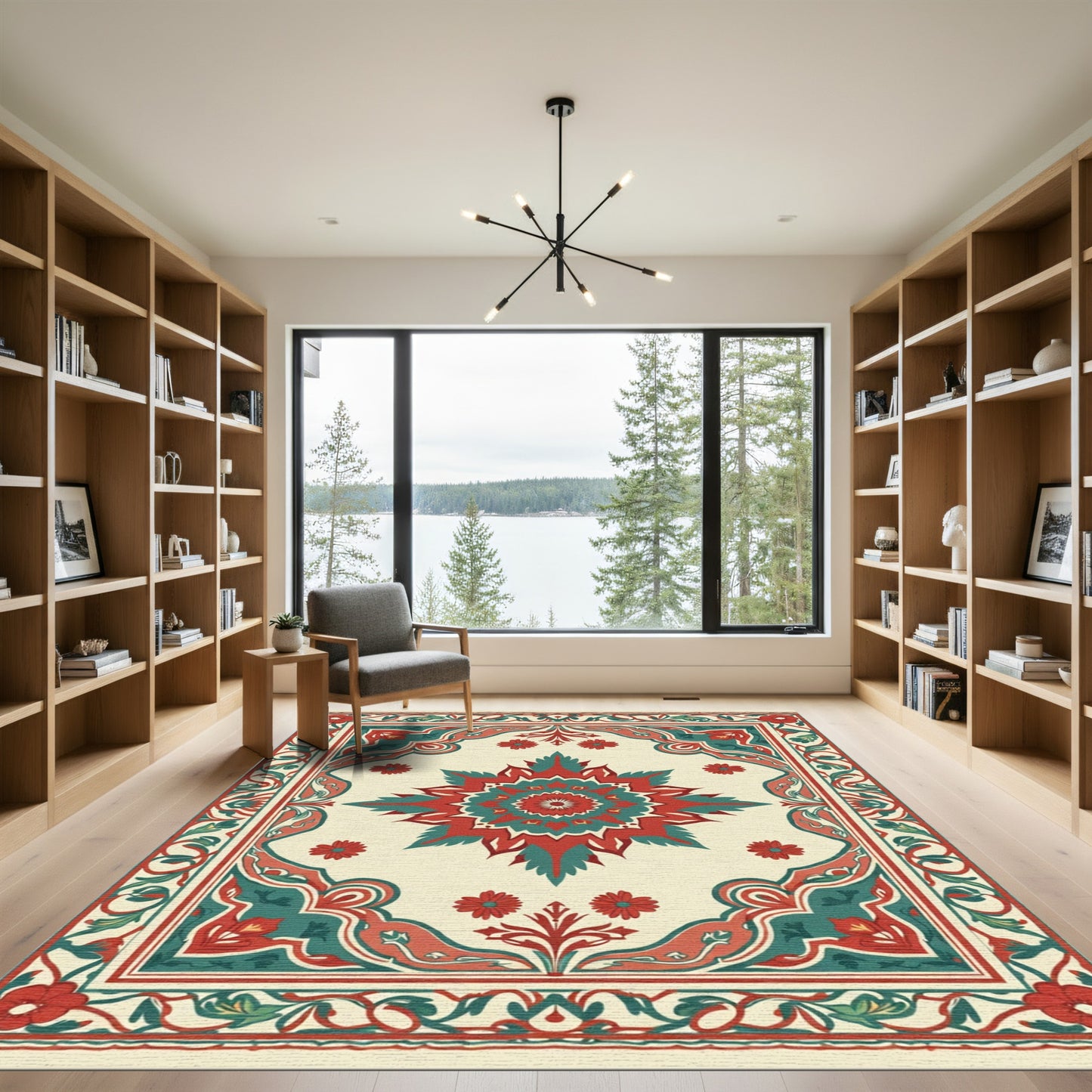 Crimson Teal Floral Medallion Border Rug