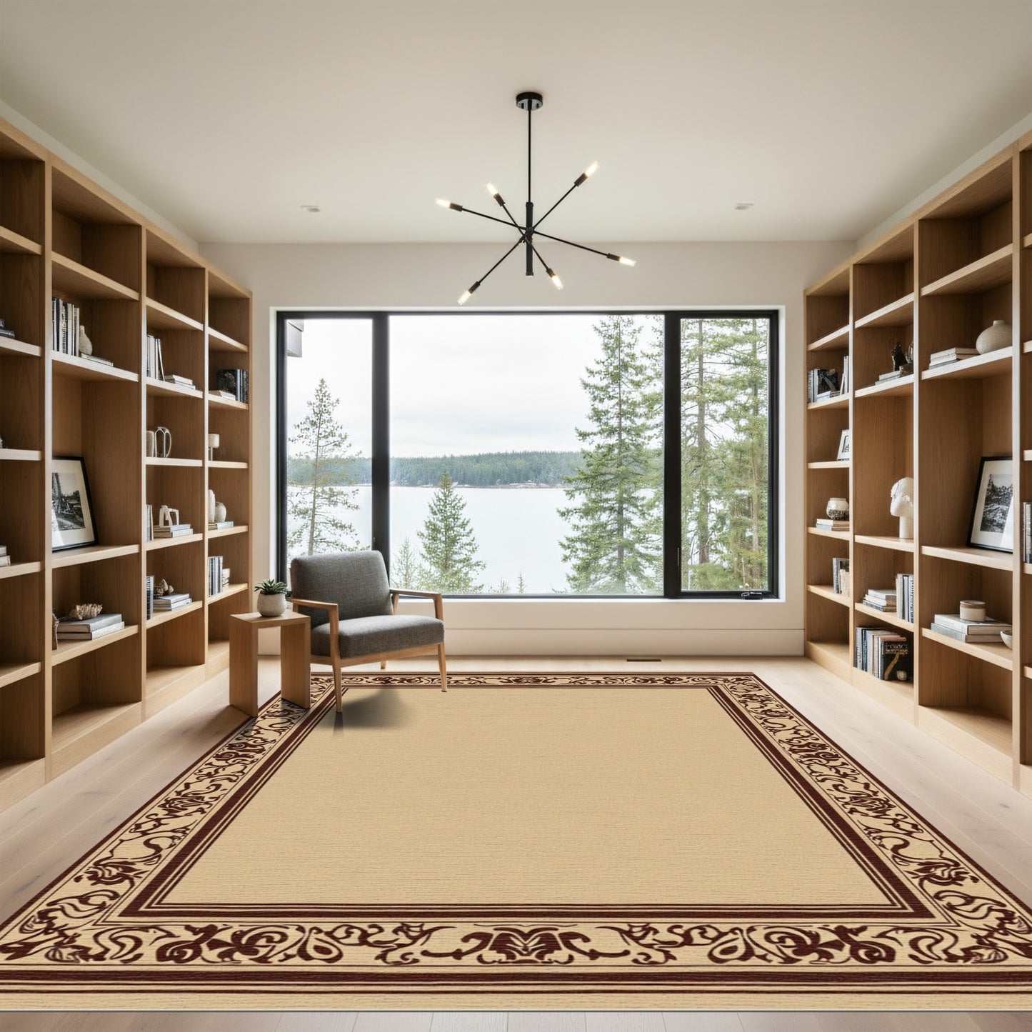 Warm Beige Dark Brown Scroll Border Rug