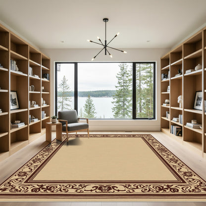 Warm Beige Dark Brown Scroll Border Rug