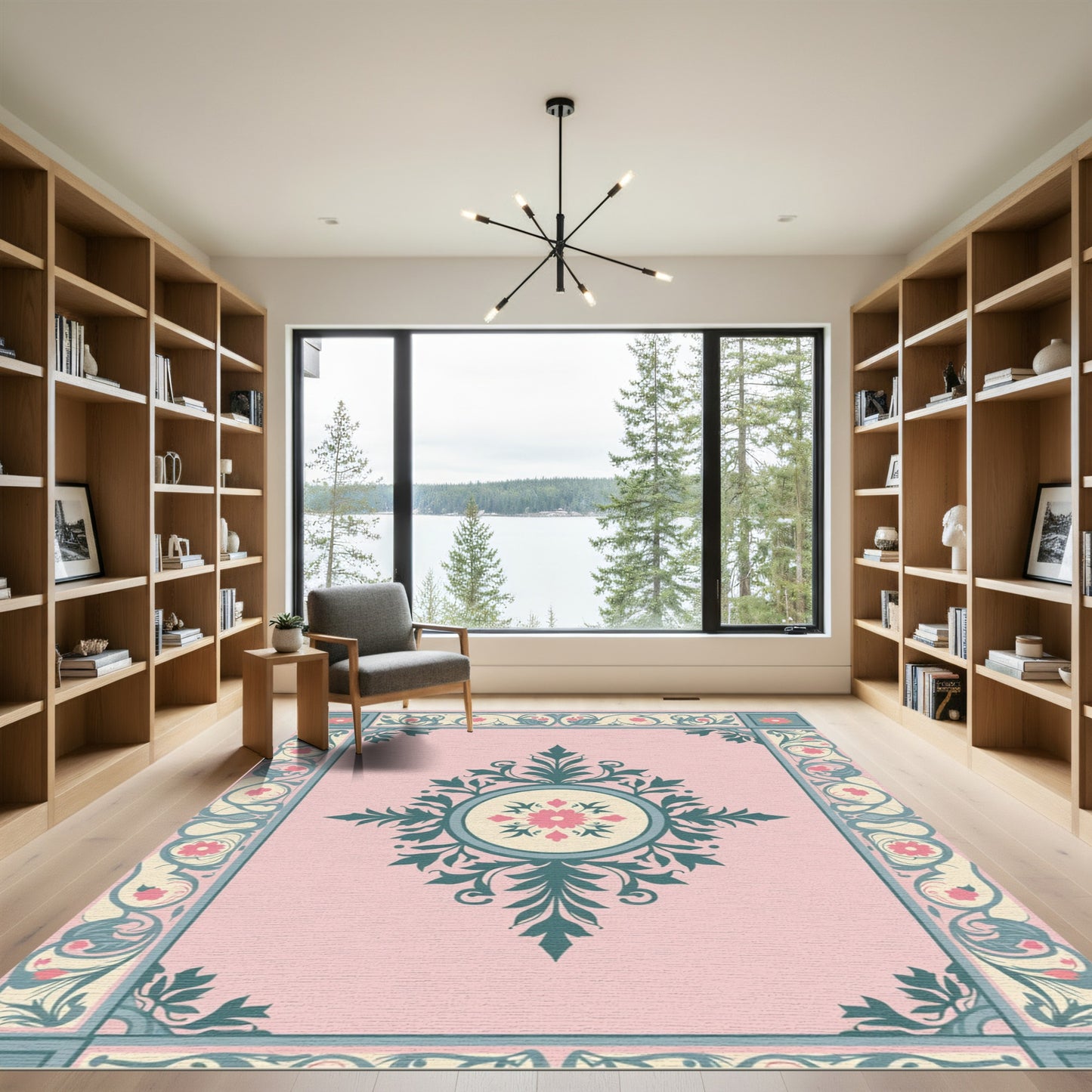 Pale Pink Floral Medallion Border Rug