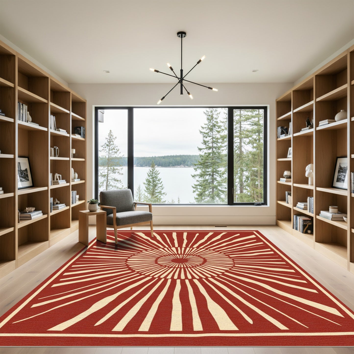 Crimson Sunburst Radial Graphic Rug