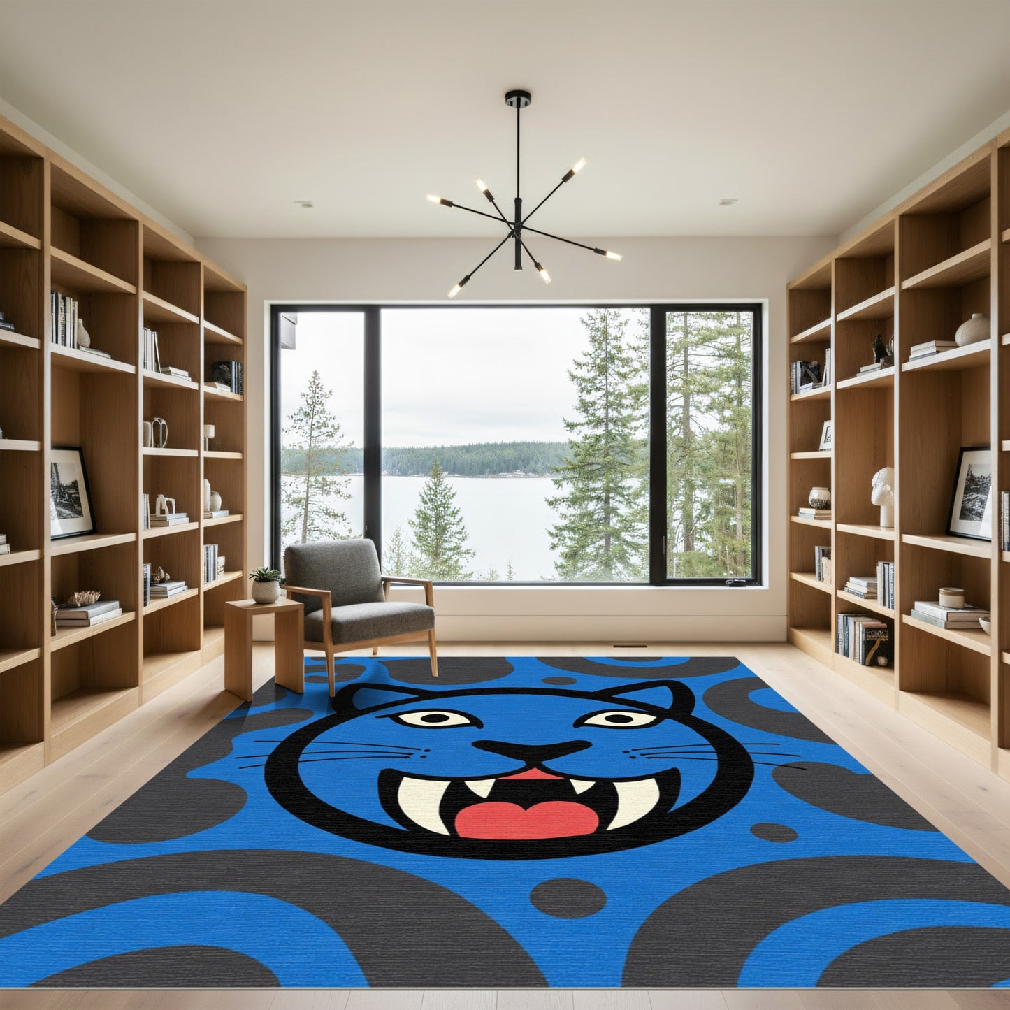 Whimsical Blue Fanged Cat Face Rug