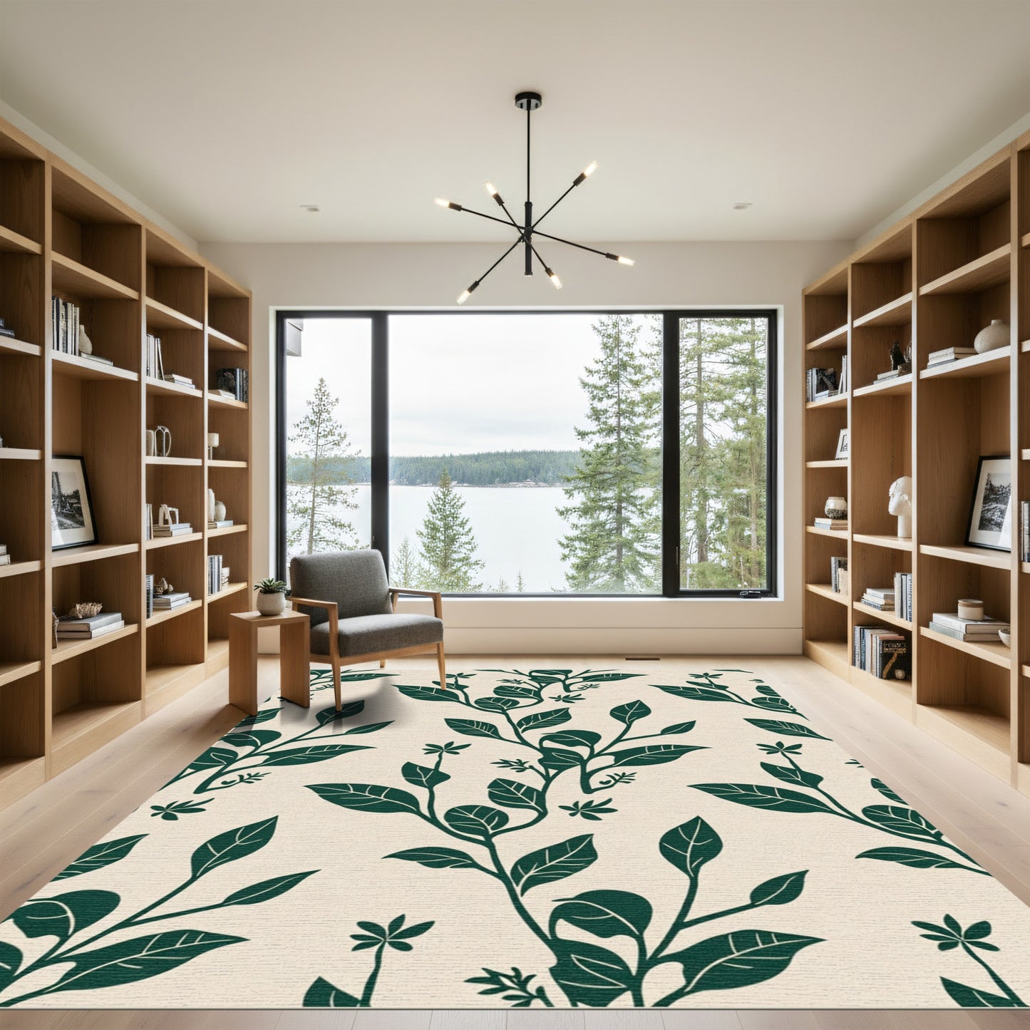 Deep Green Botanical Branch Cream Rug