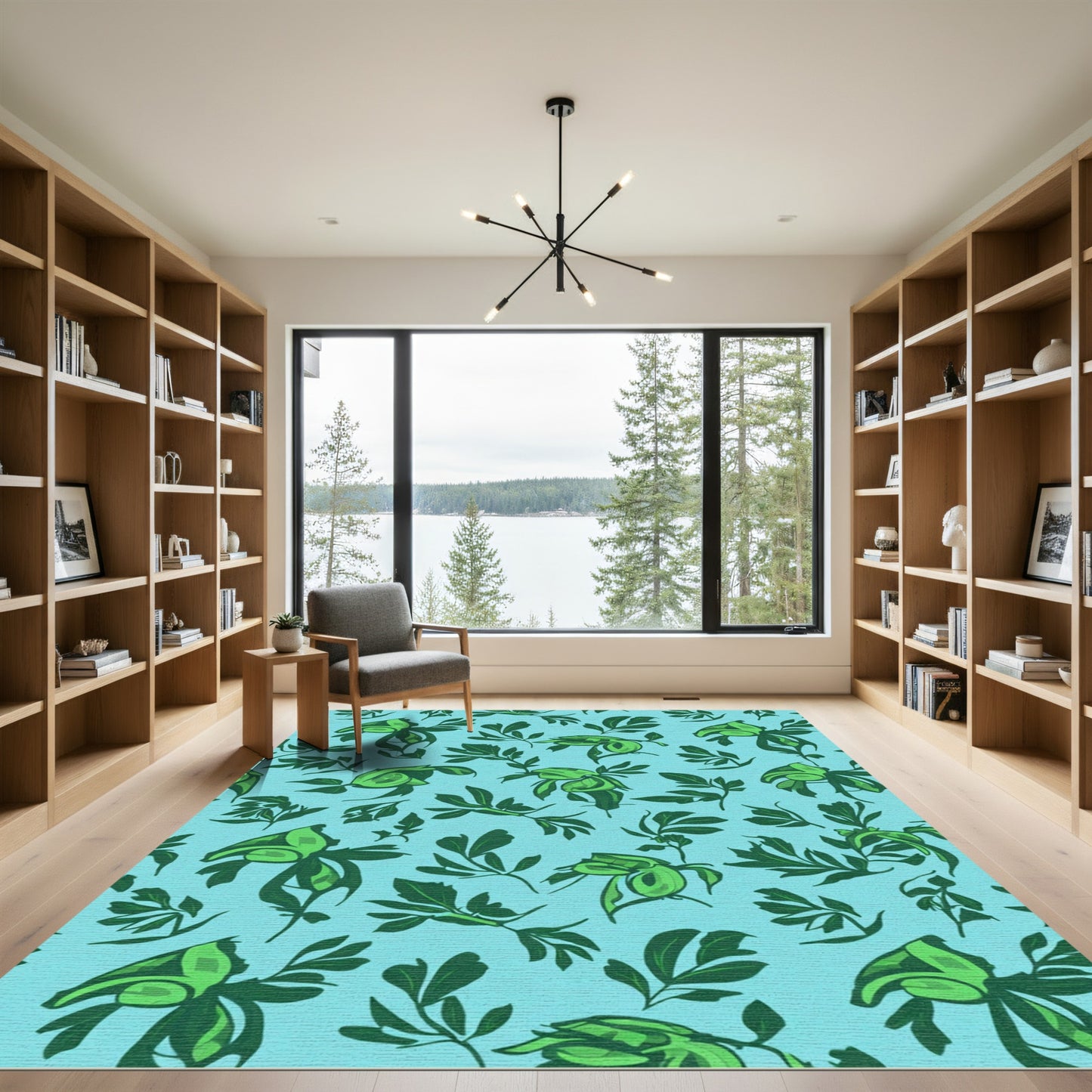 Green Leafy Branches Aqua Background Rug