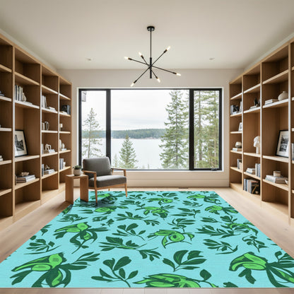 Green Leafy Branches Aqua Background Rug