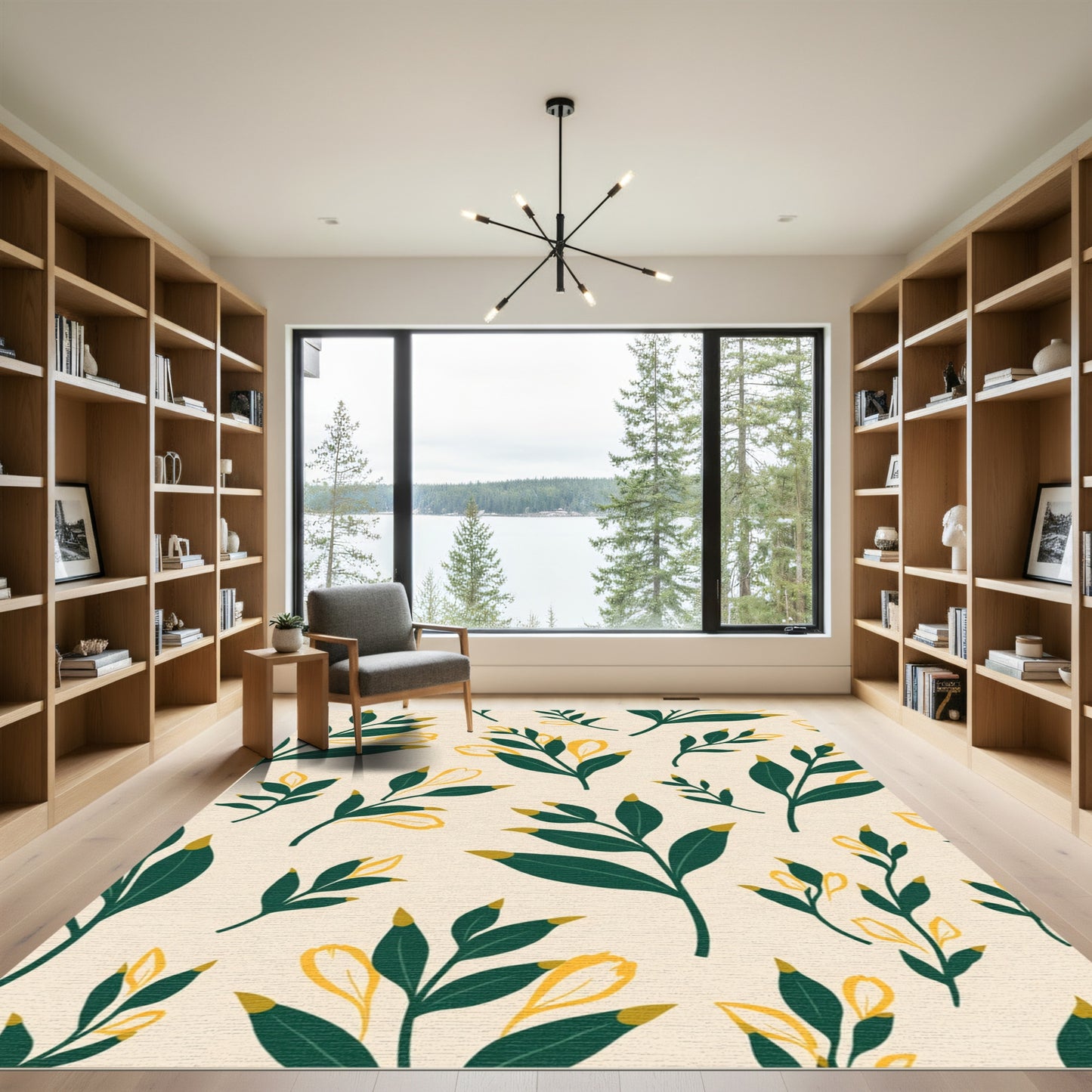 Cream Yellow Green Leafy Botanical Arrangement Rug