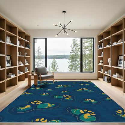 Deep Blue Teal Gold Paw Prints Rug