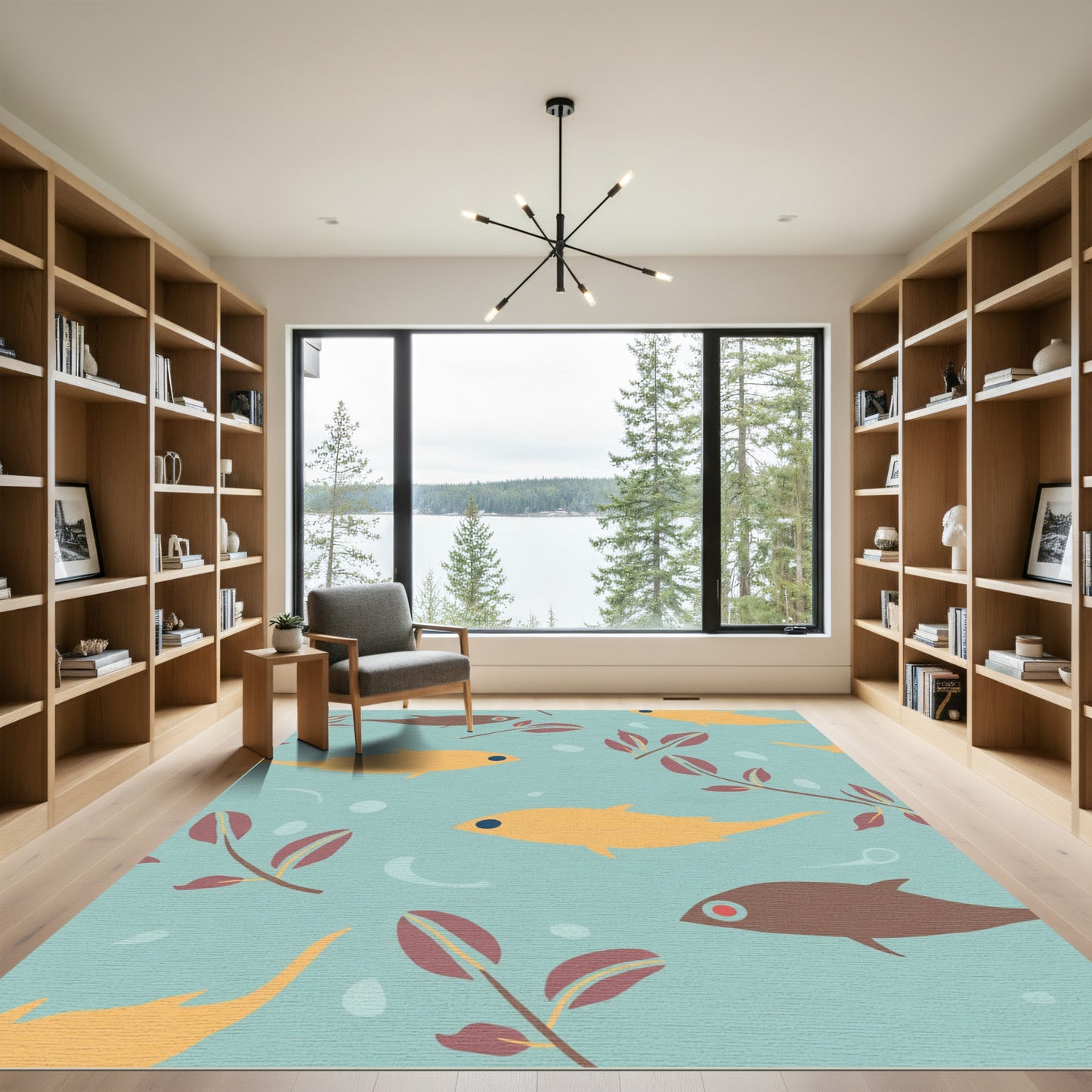 Golden Fish Underwater Botanical Scene Rug