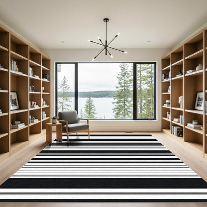 Bold Black White Stripe Graphic Rug