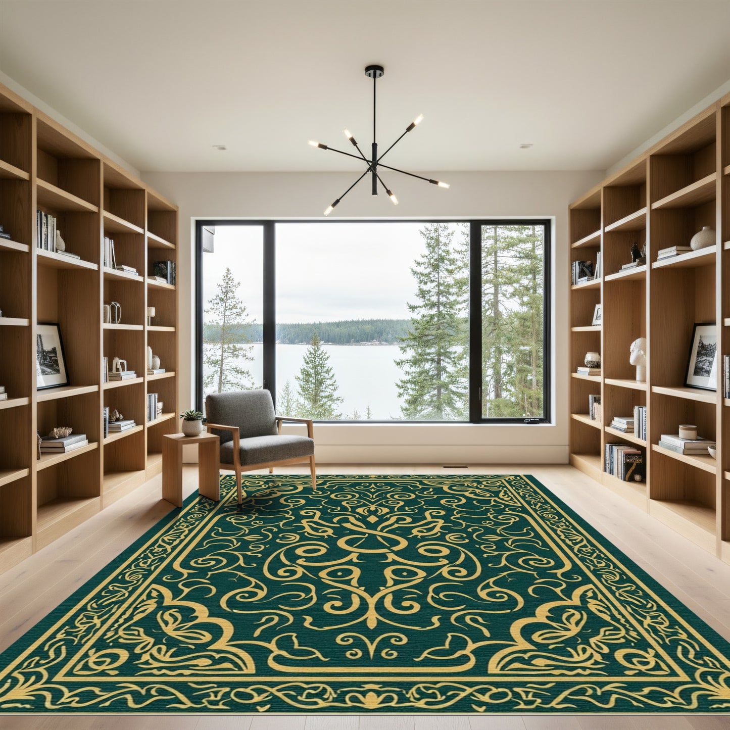 Deep Green and Gold Filigree Medallion Rug