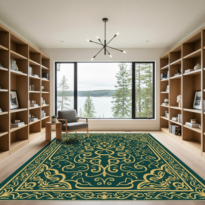 Deep Green and Gold Filigree Medallion Rug