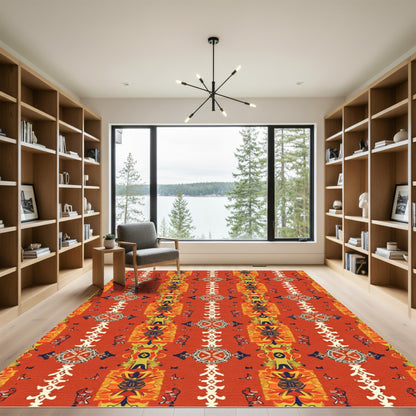 Tribal Sunburst Red Geometric Medallion Rug