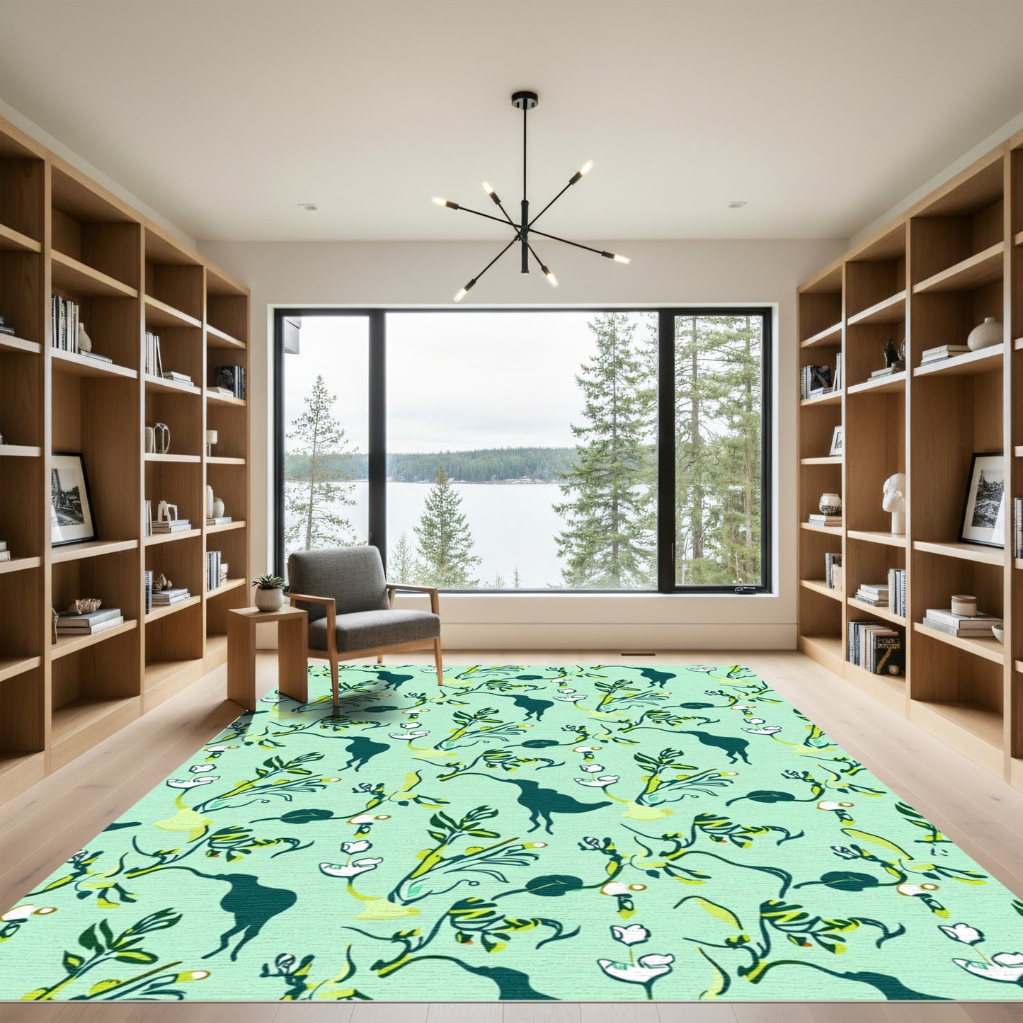 Teal Silhouette Bird Floral Branches Rug