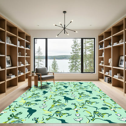 Teal Silhouette Bird Floral Branches Rug