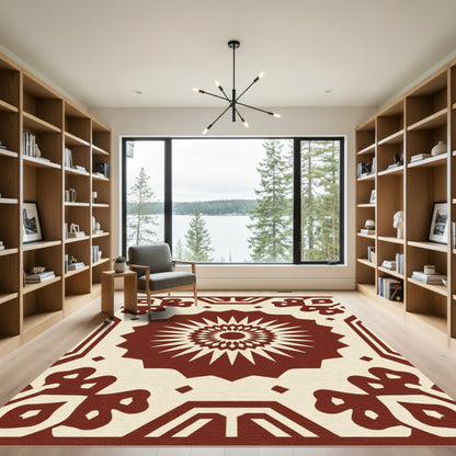 Rich Crimson Sunburst Geometric Rug