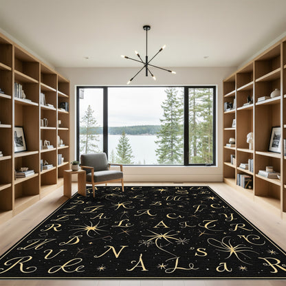 Golden Celestial Alphabet Black Rug