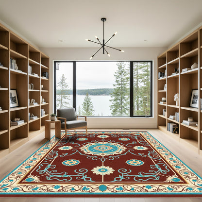 Ornate Teal Blossom Medallion Rug