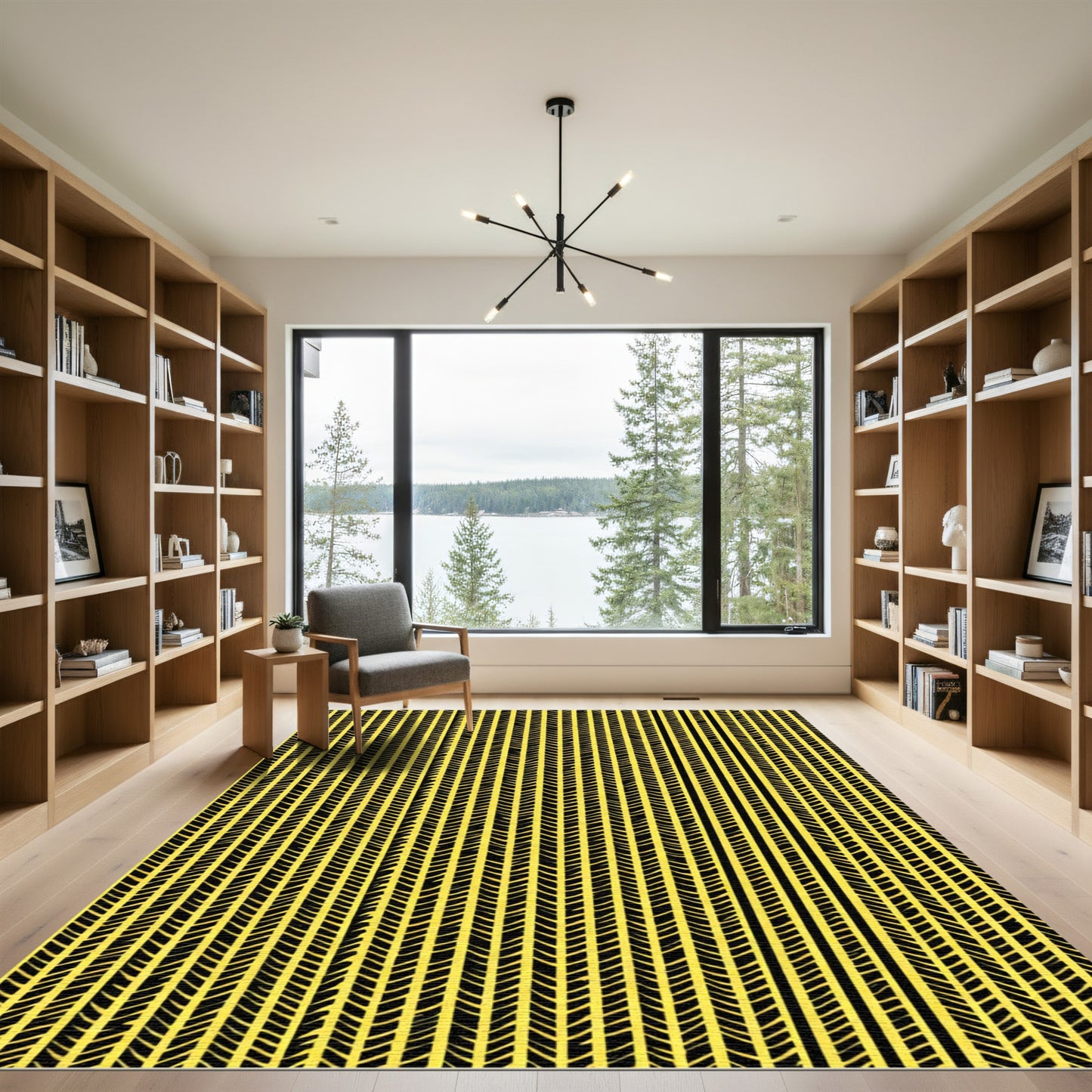 Yellow Black Vertical Herringbone Stripes Rug