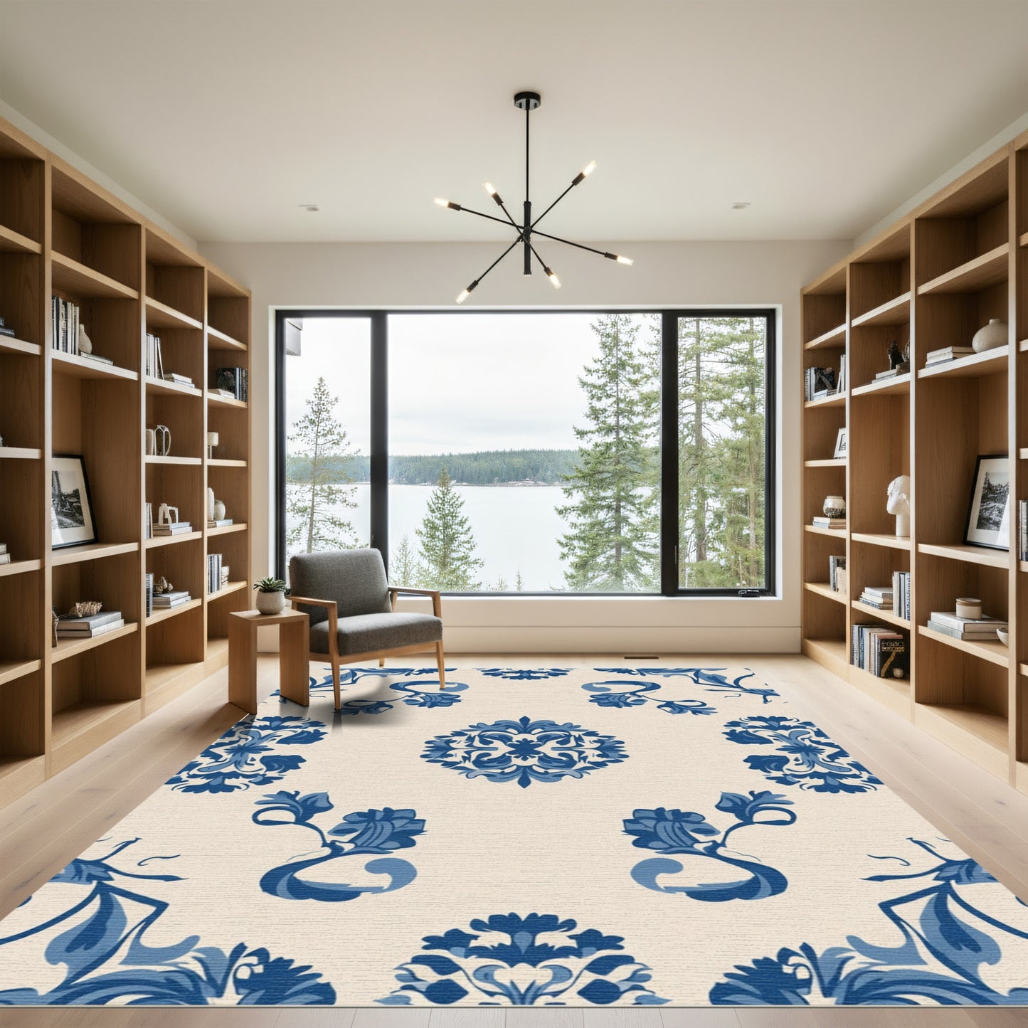 Blue Floral Medallion Damask Rug