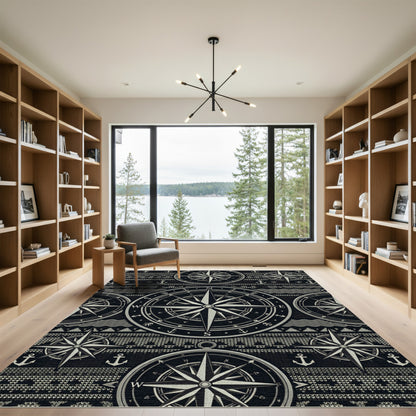 Nautical Compass Anchor Nautical Black Rug