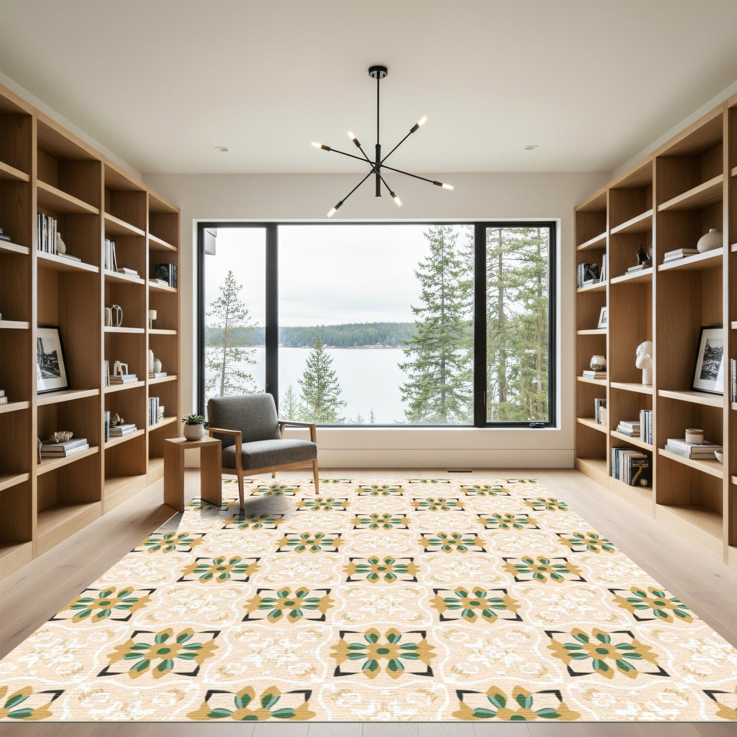 Golden Olive Floral Medallion Tile Rug