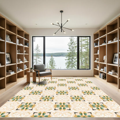 Golden Olive Floral Medallion Tile Rug