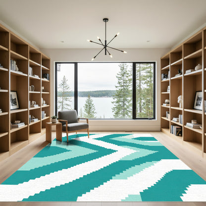 Coastal Teal Geometric Chevron Stripes Rug