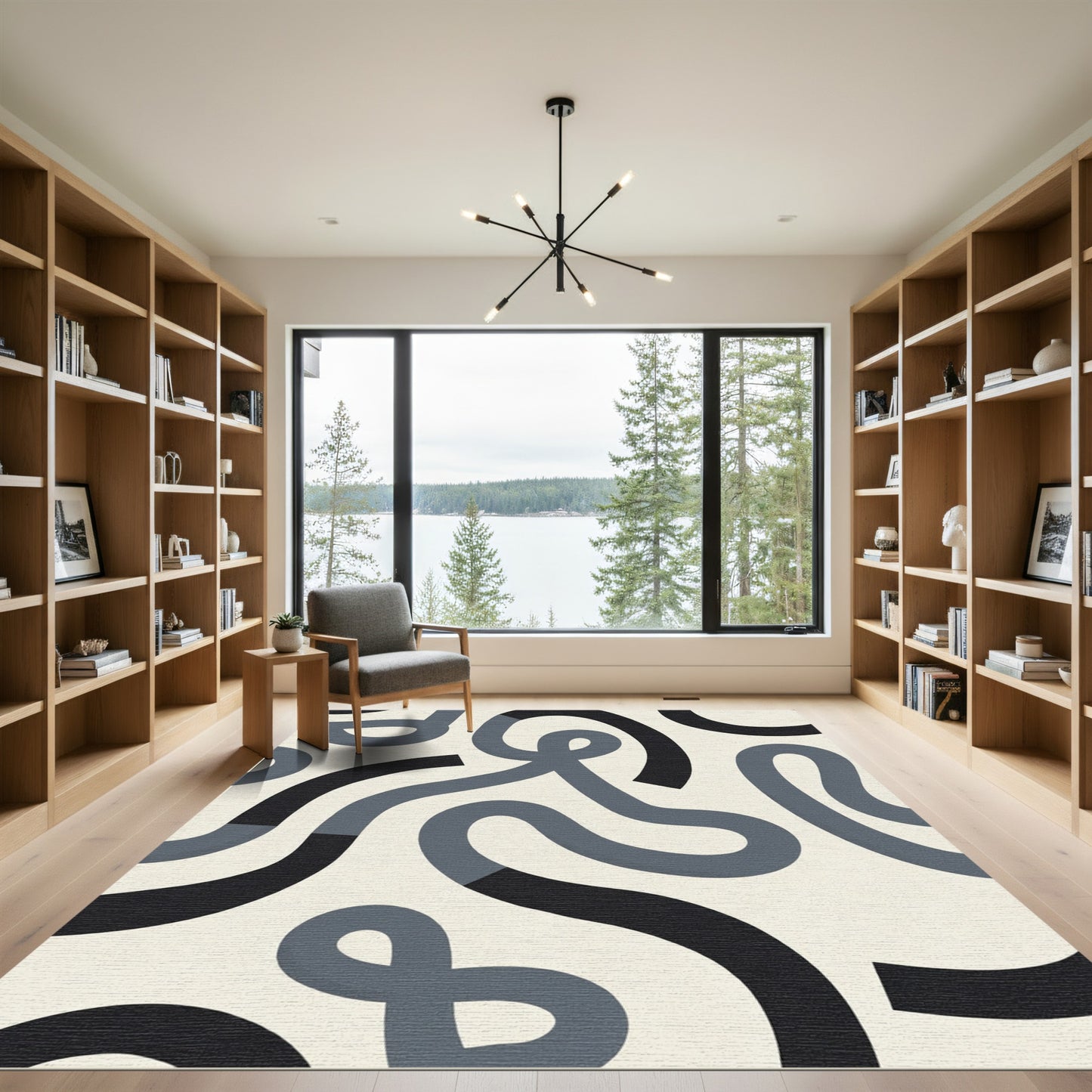 Modern Gray Black Abstract Swirl Rug