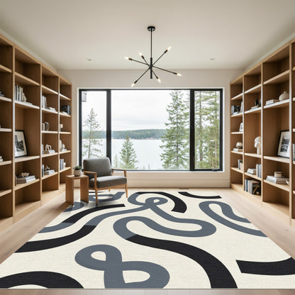 Modern Gray Black Abstract Swirl Rug