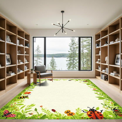 Whimsical Green Garden Bugs and Blooms Rug