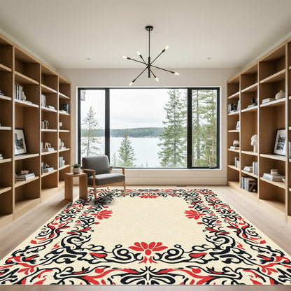 Crimson Black Floral Scroll Border Rug