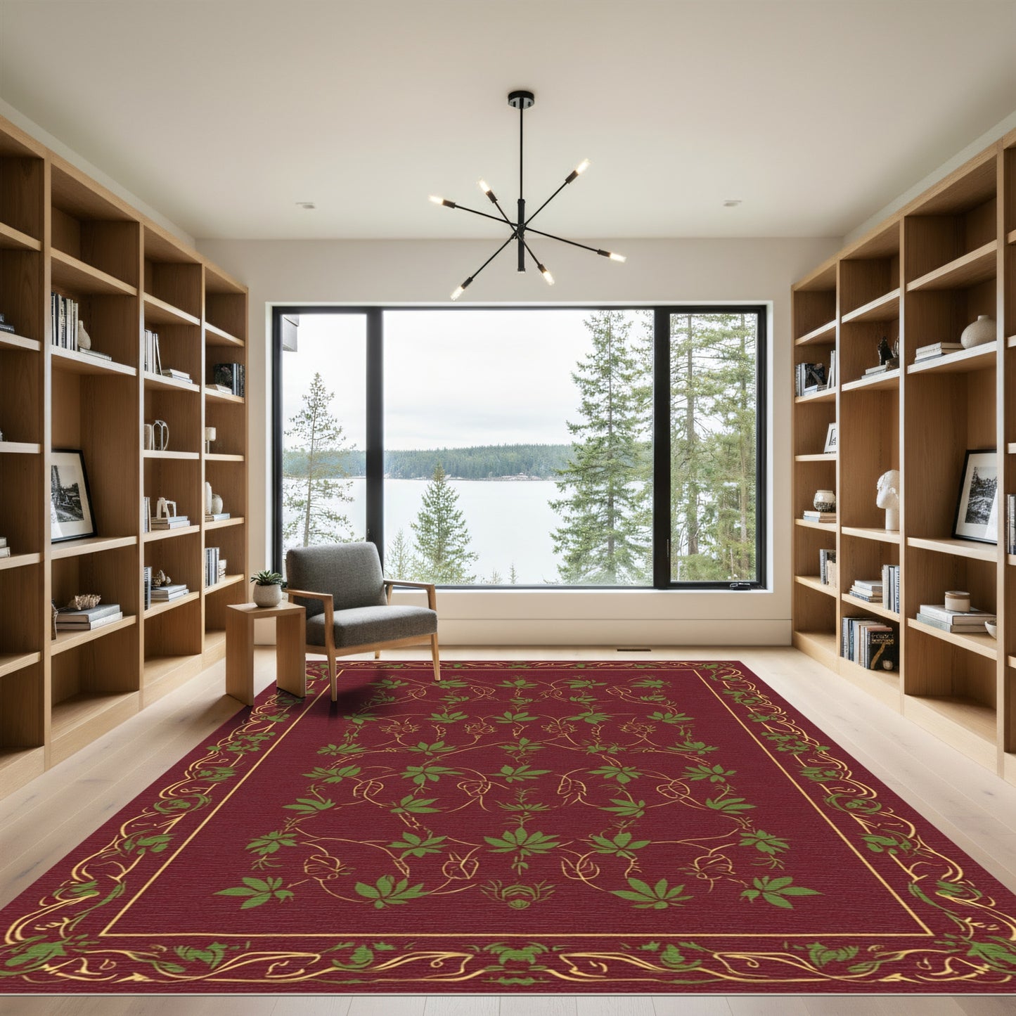 Crimson Green Vine Scroll Border Rug