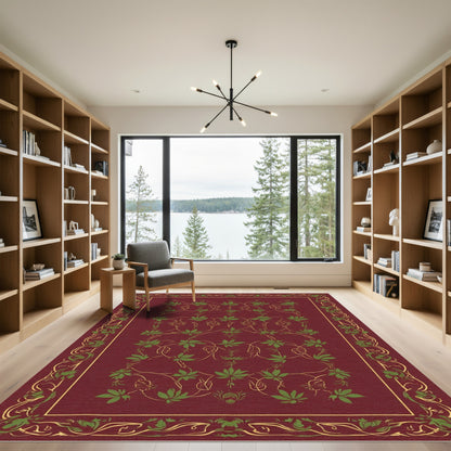 Crimson Green Vine Scroll Border Rug