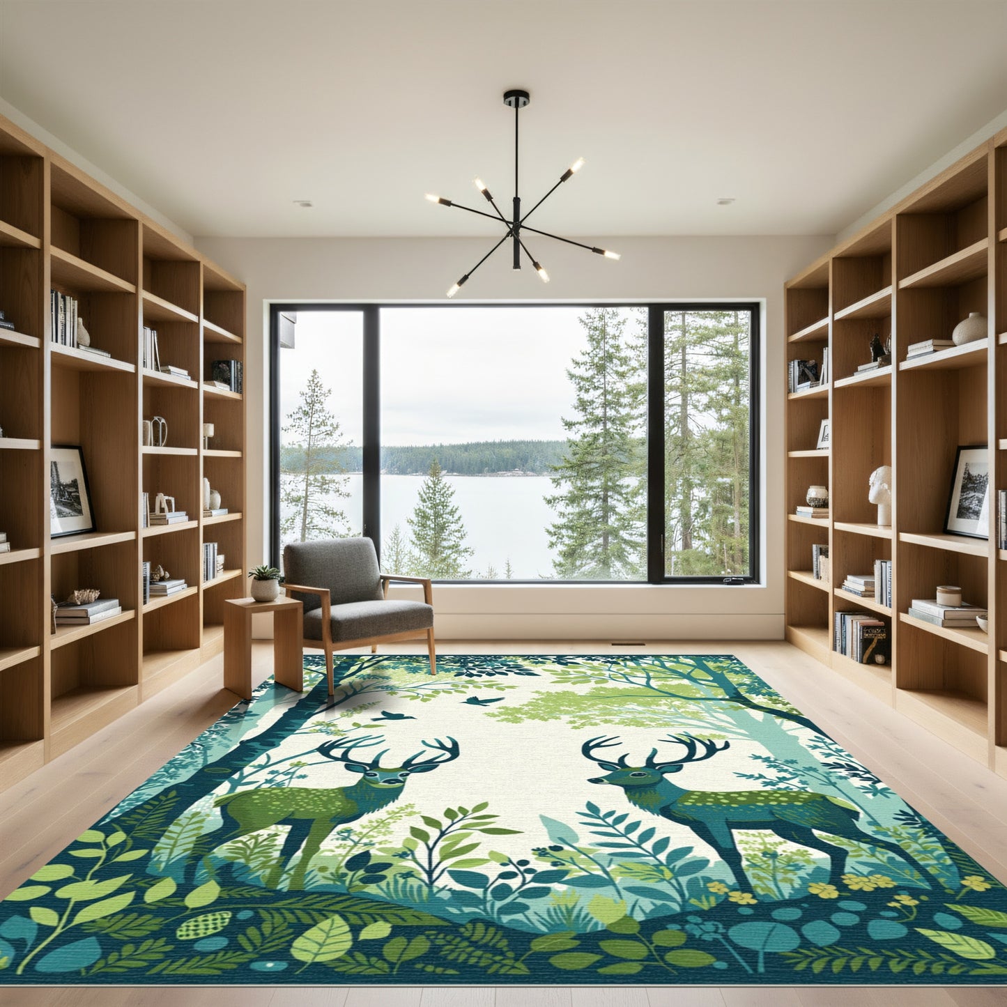 Emerald Deer Forest Birds Garden Rug