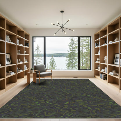 Earthy Green Abstract Camouflage Swirls Rug