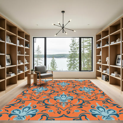 Orange And Teal Floral Damask Rug