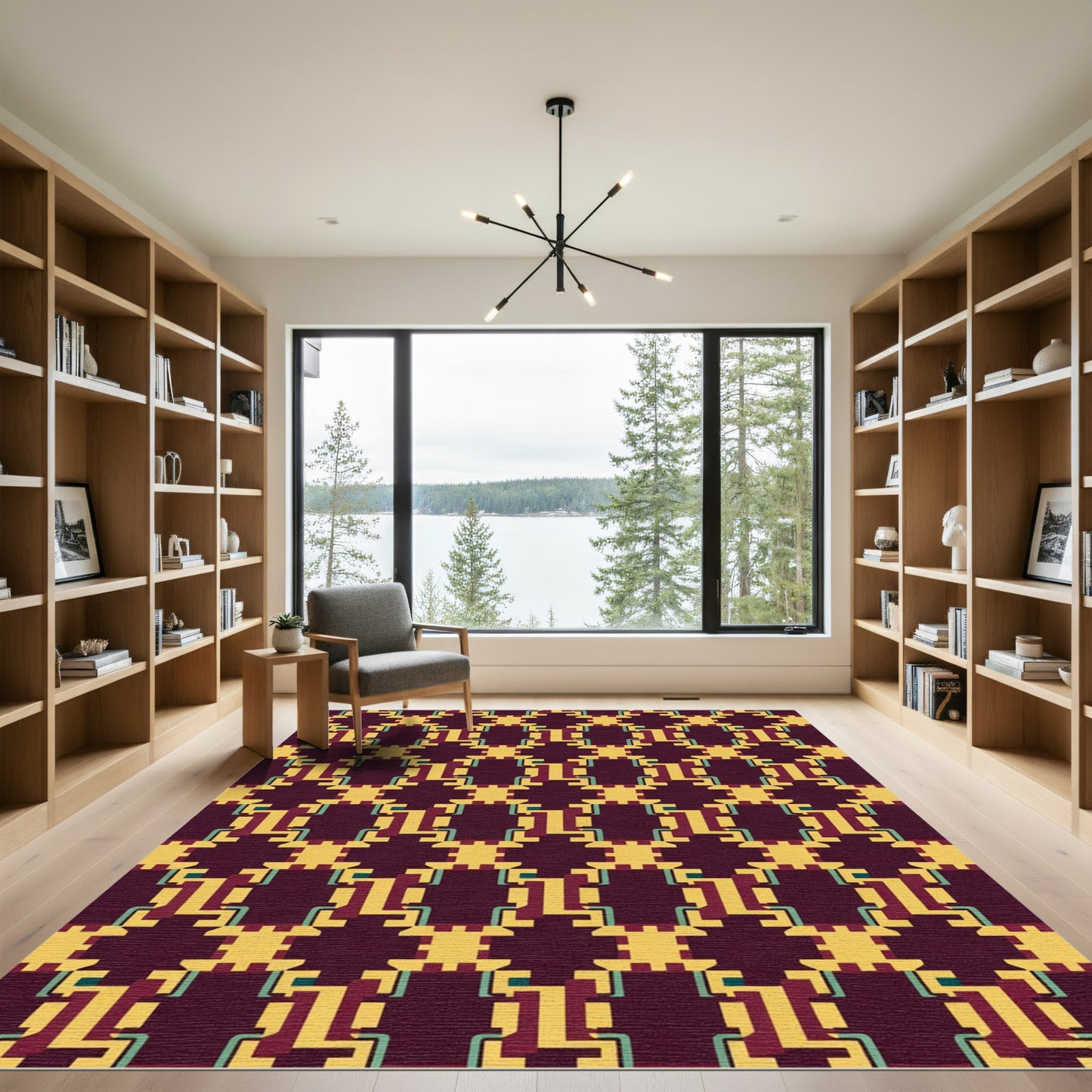Geometric Deep Plum and Yellow Interlocking Forms Rug