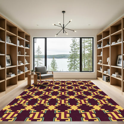 Geometric Deep Plum and Yellow Interlocking Forms Rug