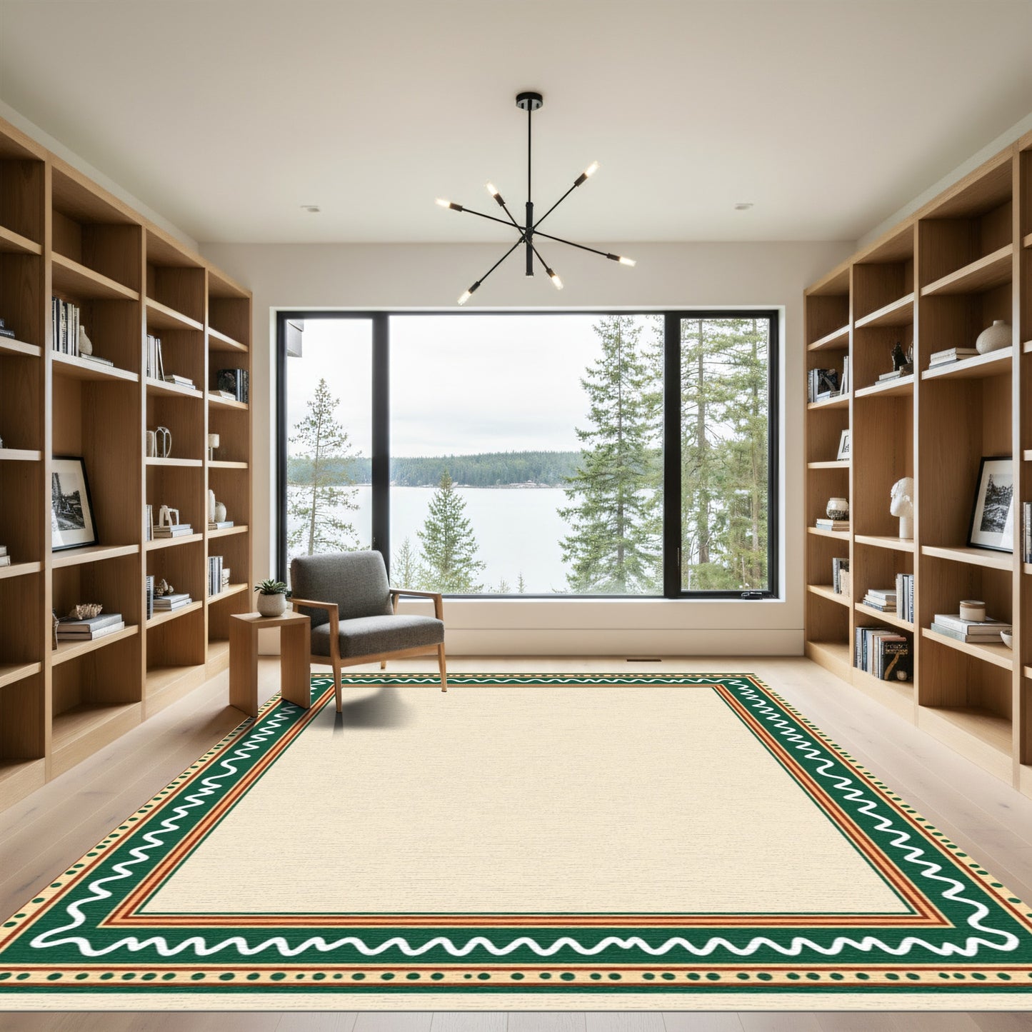 Cream Bordered Geometric Wave Dot Rug