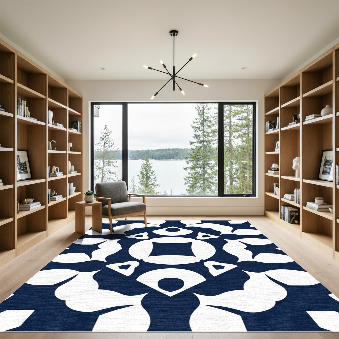 Navy White Symmetric Geometric Medallion Rug