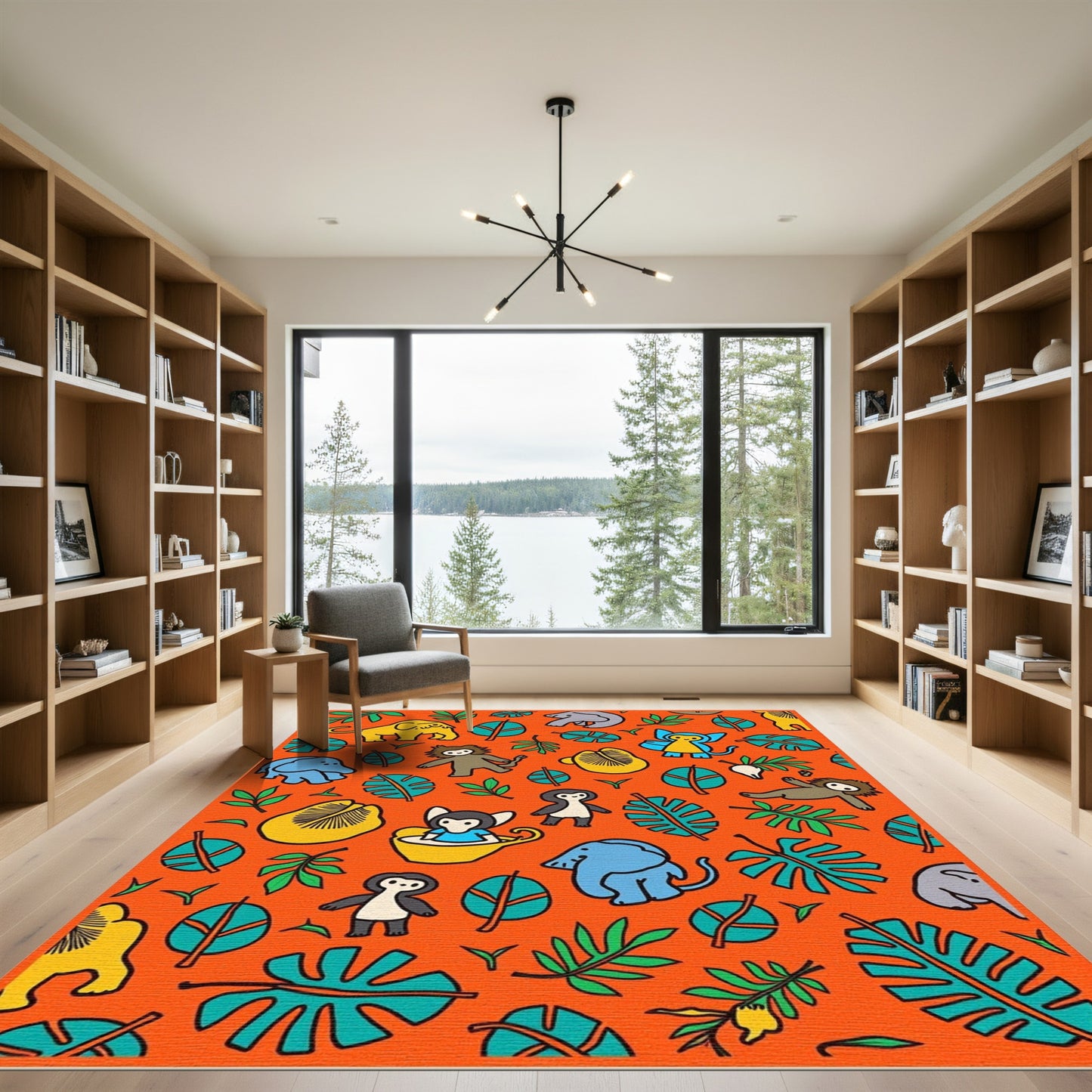 Whimsical Jungle Animals Tropical Leaves Rug