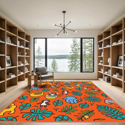 Whimsical Jungle Animals Tropical Leaves Rug