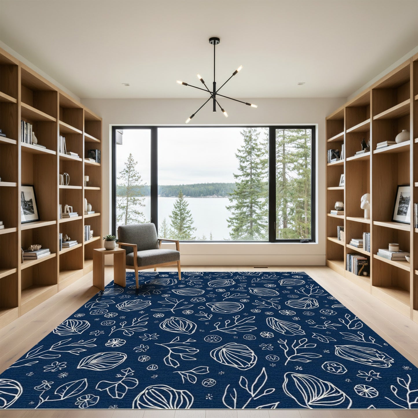 Minimalist White Outline Botanical Navy Rug