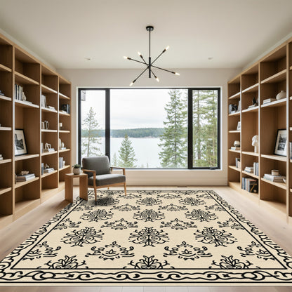 Cream Black damask allover border Rug