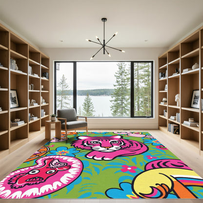 Vibrant Pink Tiger Floral Jungle Rug