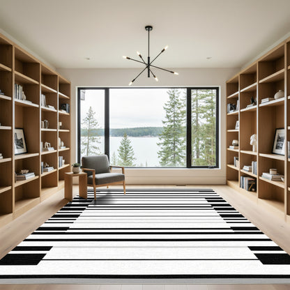 Black White Modern Geometric Stripe Rug